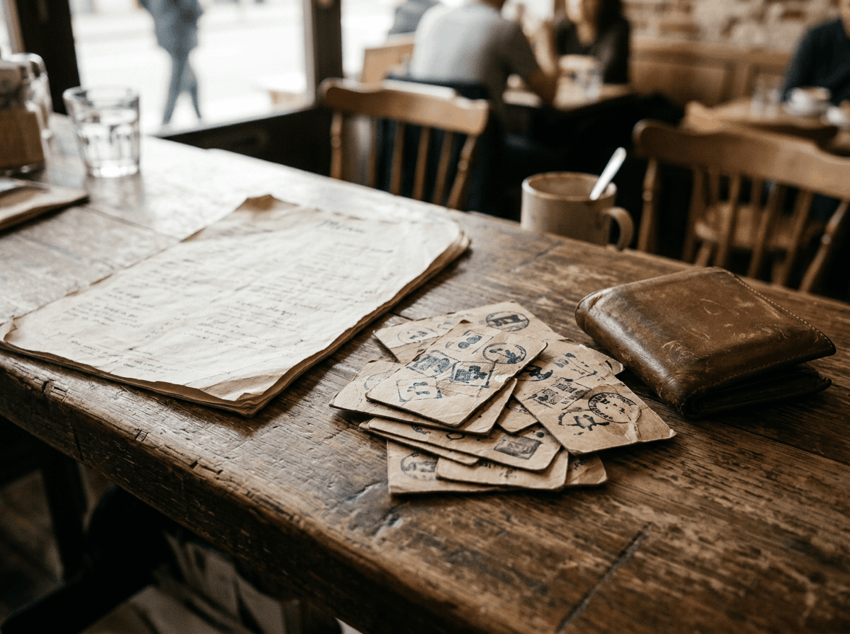 Carta de papel gastada y cartones de sellos arrugados sobre un mostrador