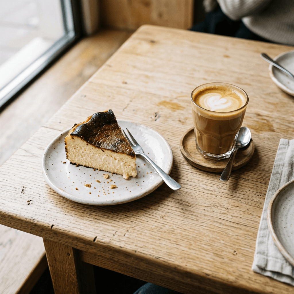 Tarta de queso y un cortado sobre una mesa de cafetería