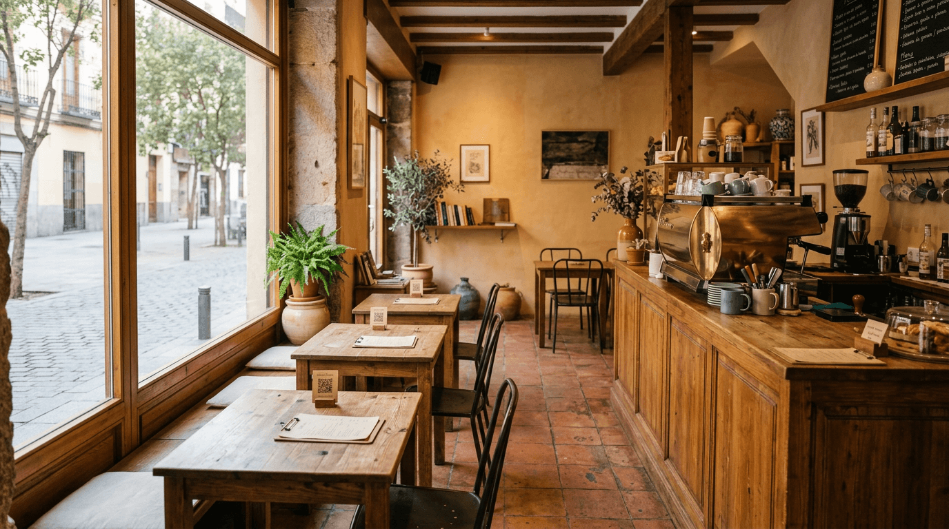 Interior de una cafetería pequeña con luz natural